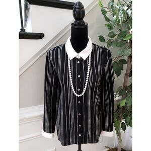 Vince Camuto Button-Up Blouse Women's M Black White Stripes Long Sleeve Shirt